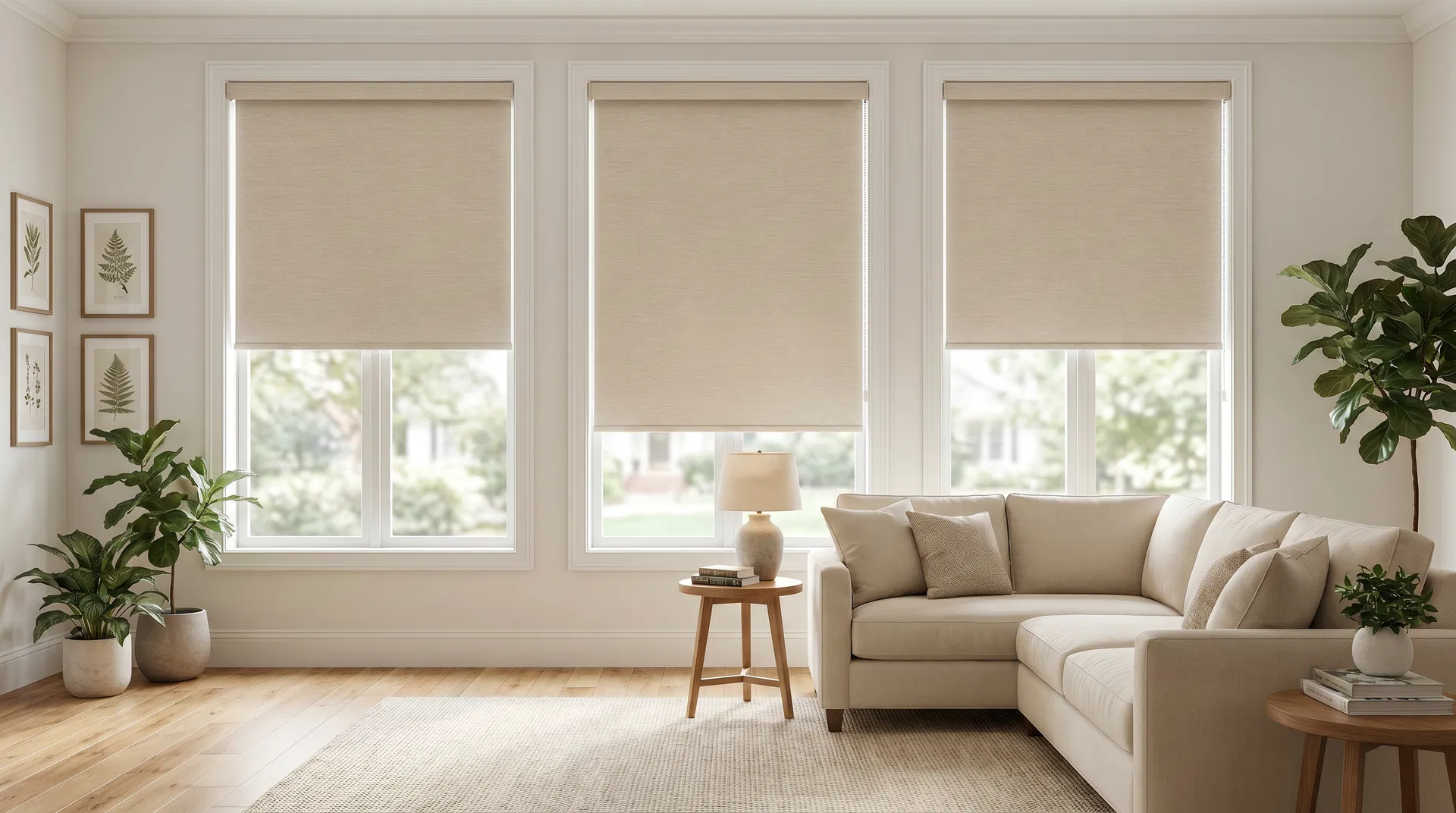 Neutral roller shades filtering light in a living room