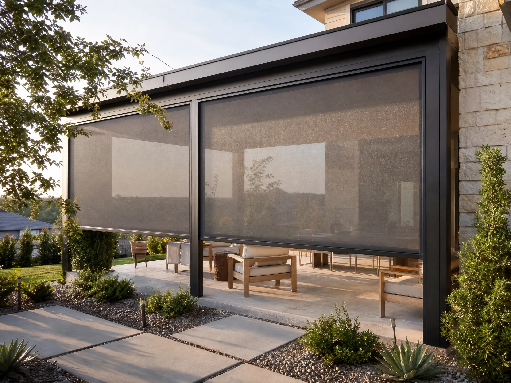 Exterior solar shades on a covered patio