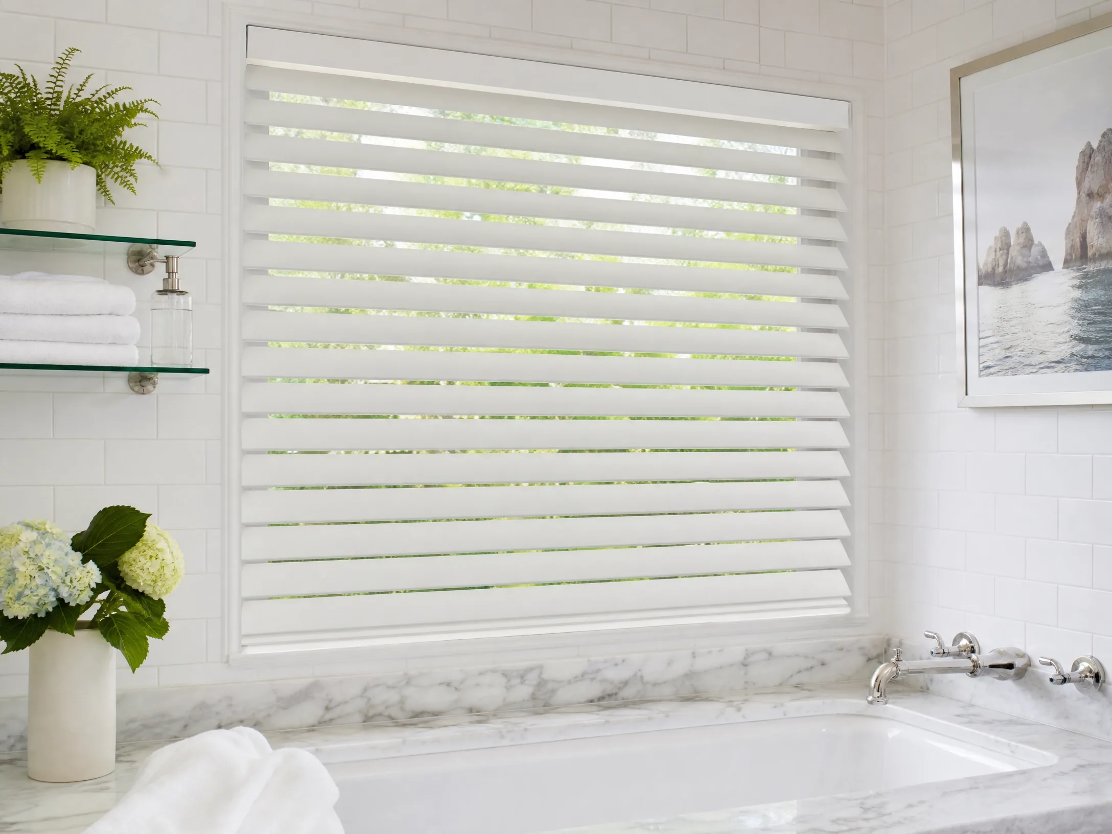 White faux wood blinds with adjustable horizontal slats