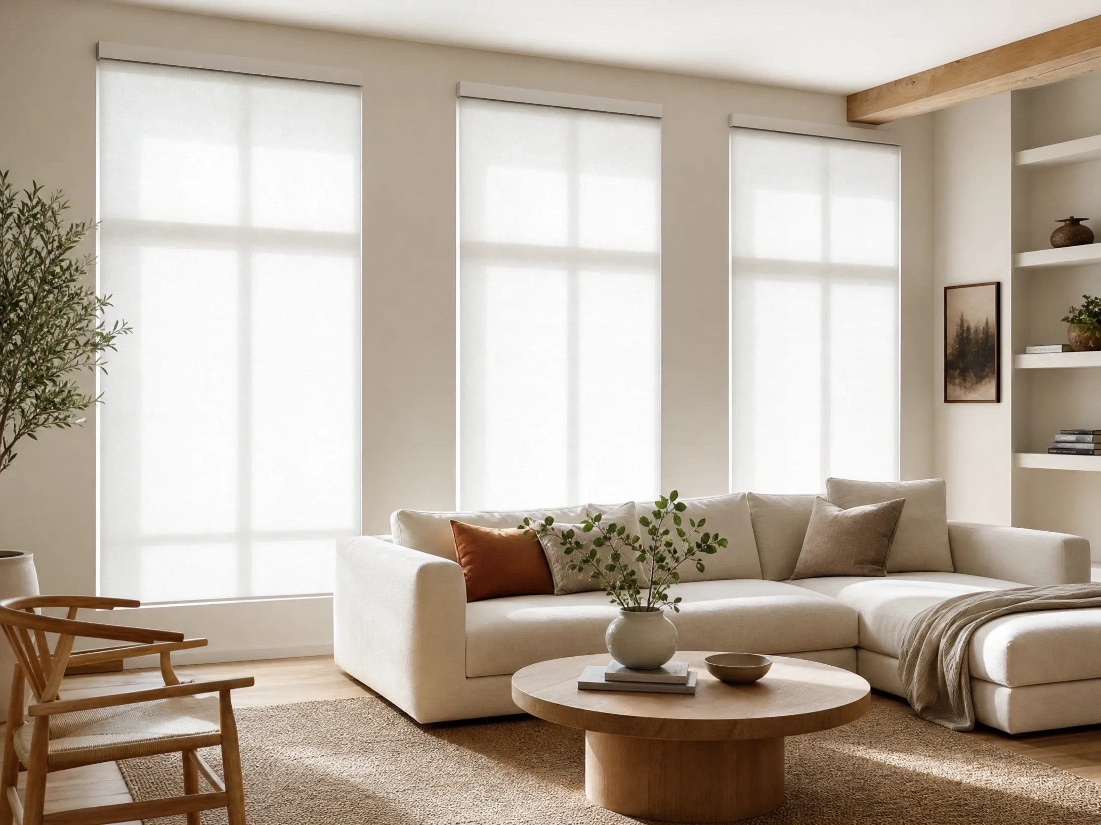 Light-filtering roller shades across living room windows