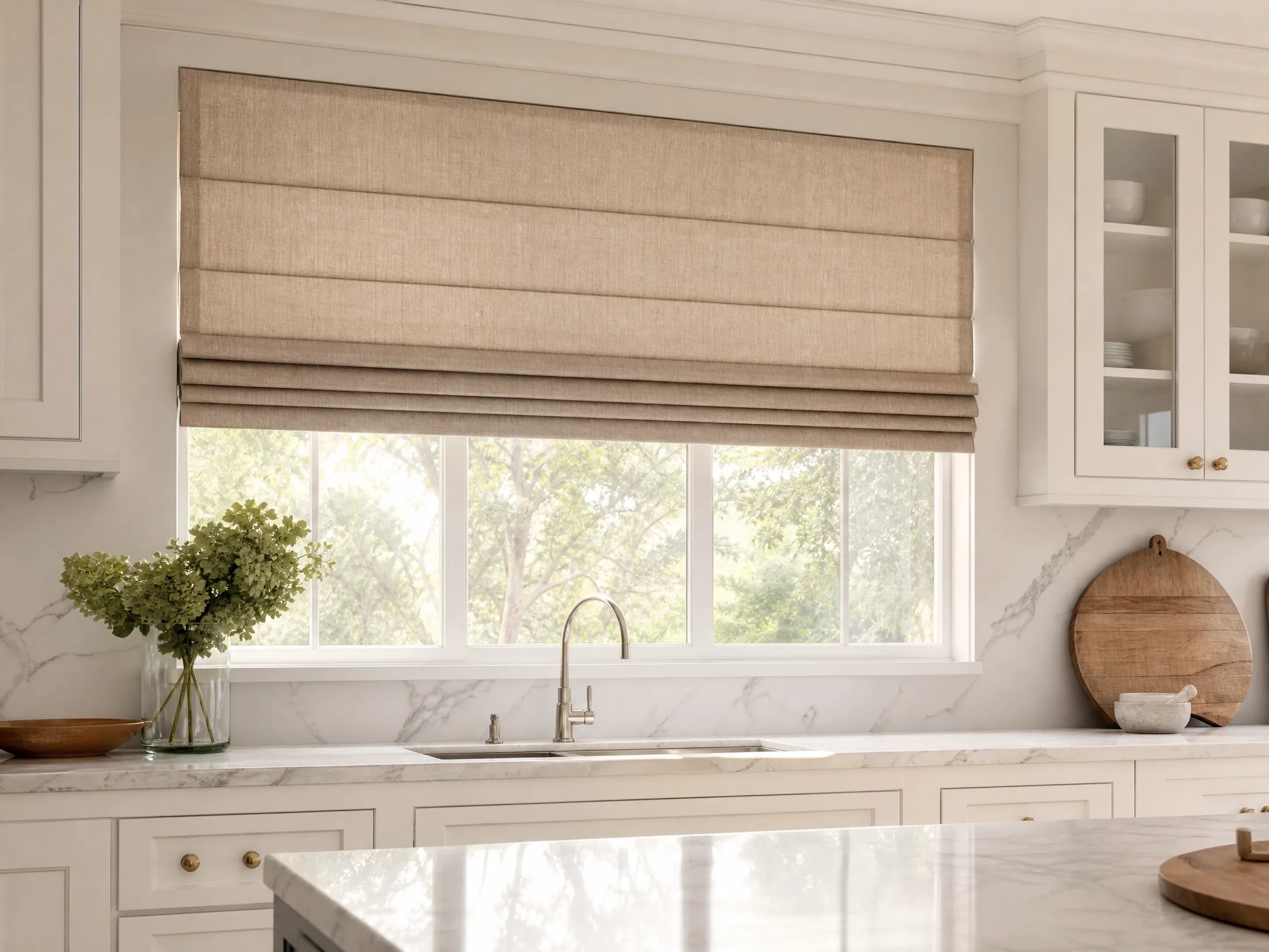 Fabric Roman shades with horizontal folds