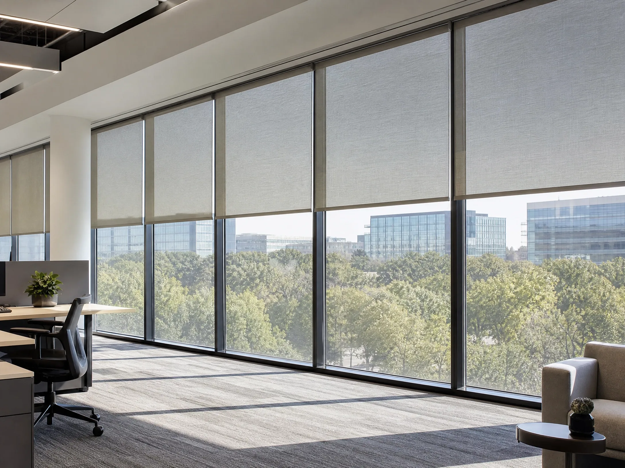Solar shades filtering sunlight through large windows