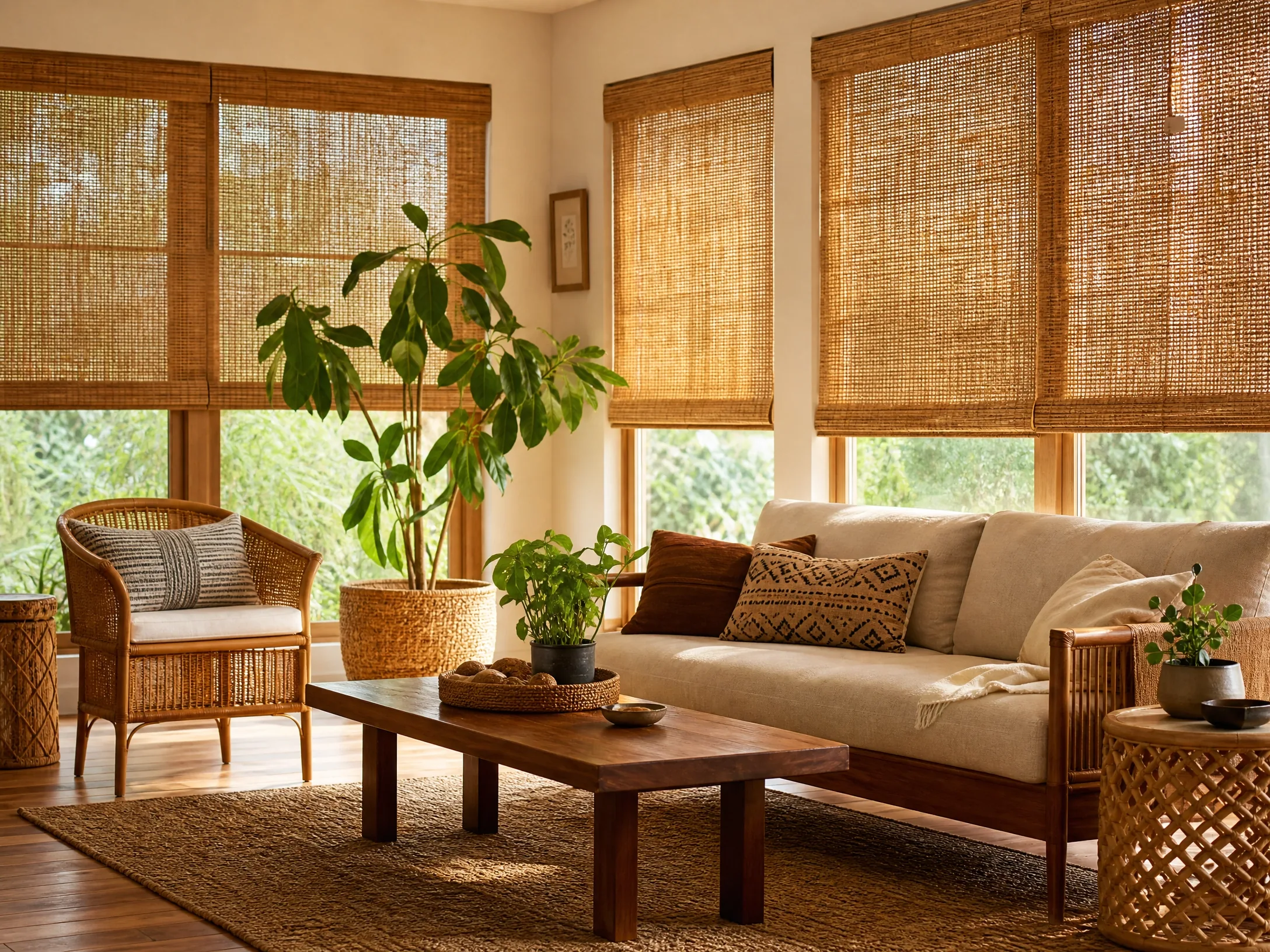 Natural woven wood shades filtering daylight